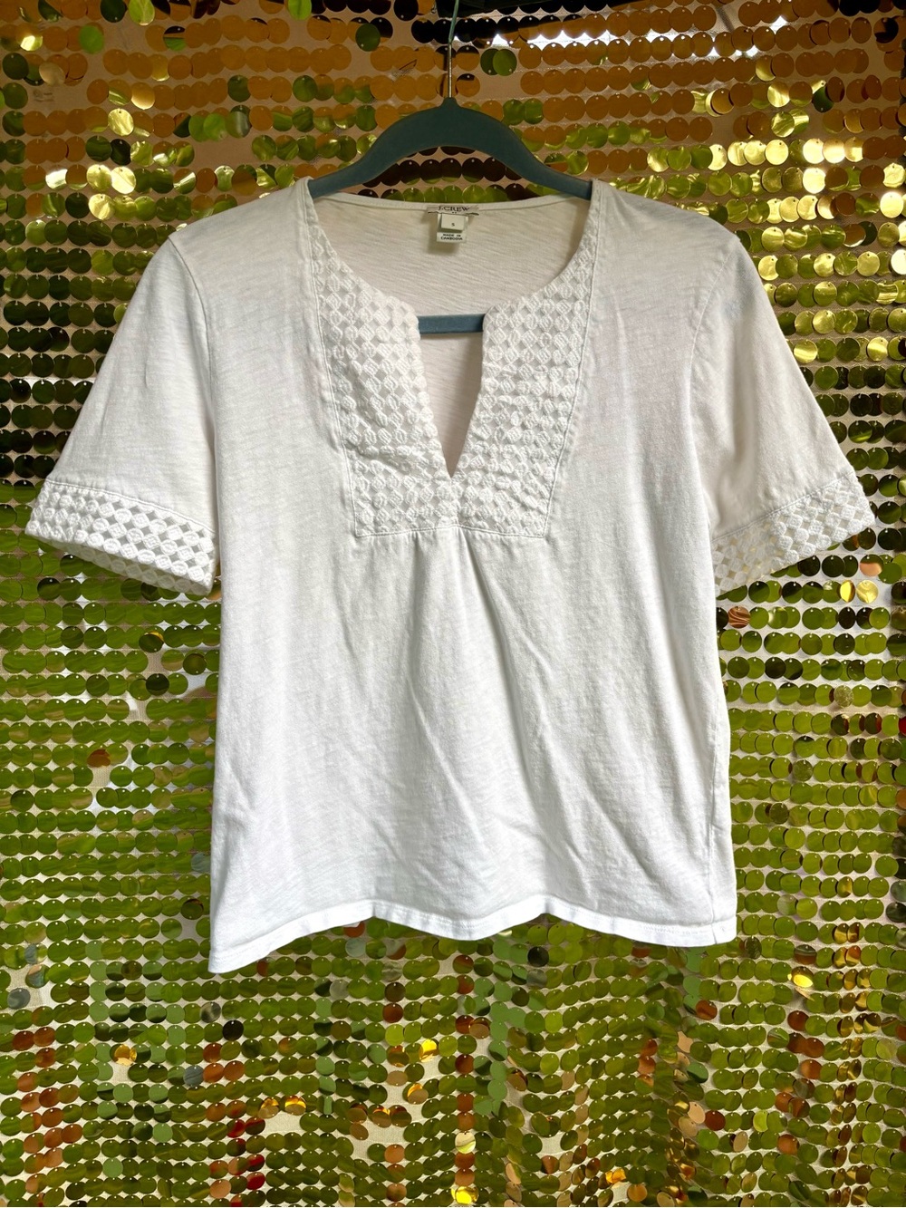 J. Crew White Embroidered V-Neck Short Eyelette Detail Sleeve Top Size Small